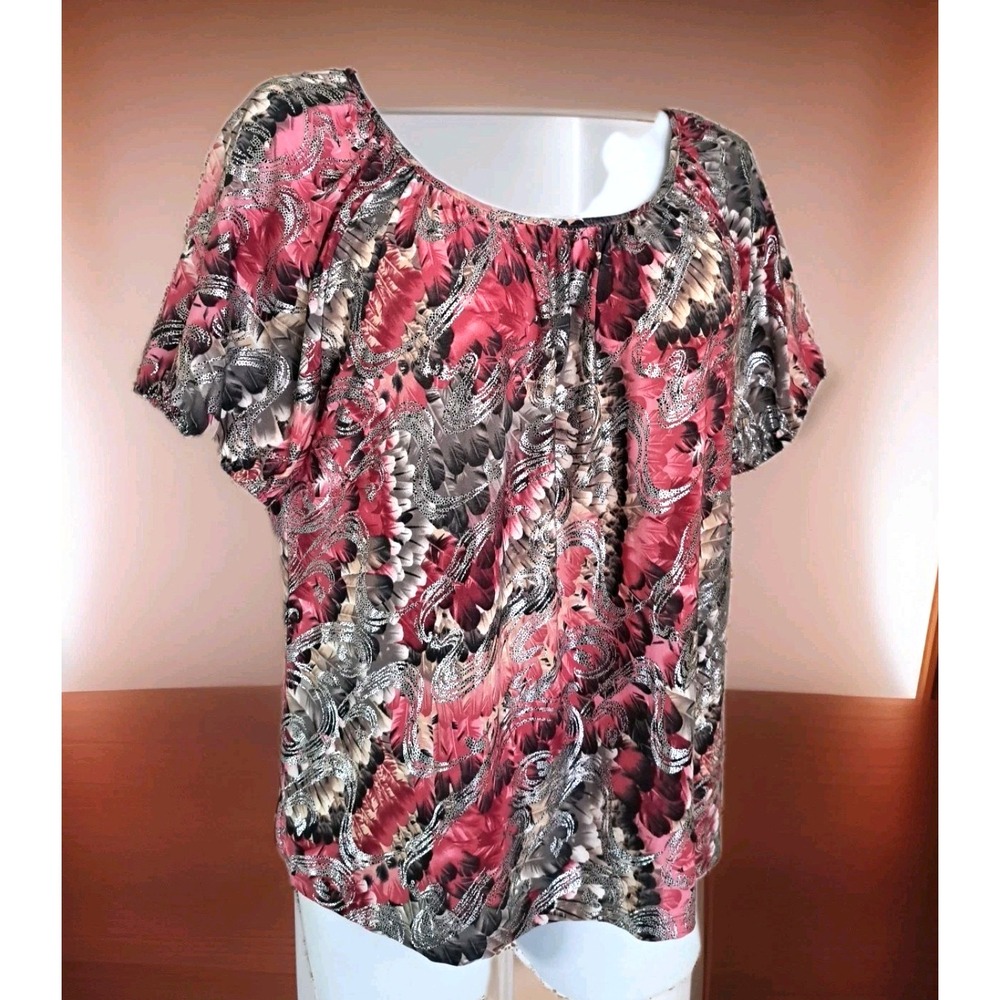 Cathy Daniels Pop‎ Over Top L Pink Floral Silver Sparkle Short Sleeve Scoop Neck